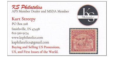 Business card for KS Philatelics, a stamp dealer in Smithville, Indiana.