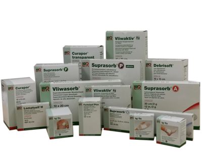 Various medical wound care products from Lohmann &amp; Rauscher displayed in boxes.