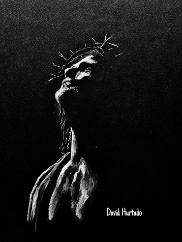 Black and white artistic depiction of a man with a crown of thorns looking upwards.