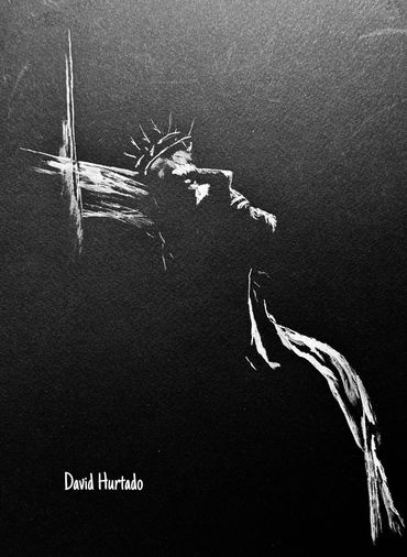 Black and white sketch of Jesus on the cross with a crown of thorns.