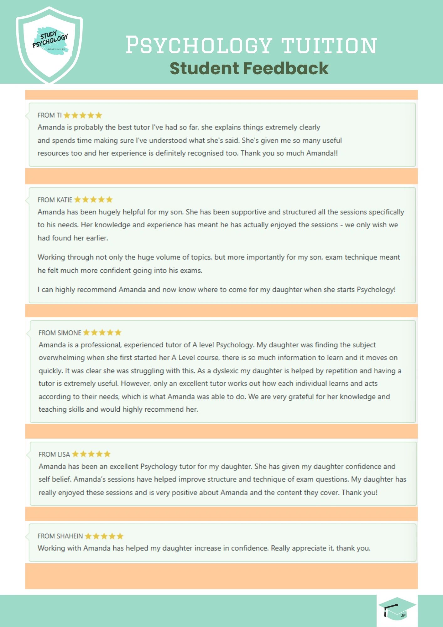 Positive student feedback praising Amanda's effective psychology tutoring and support.