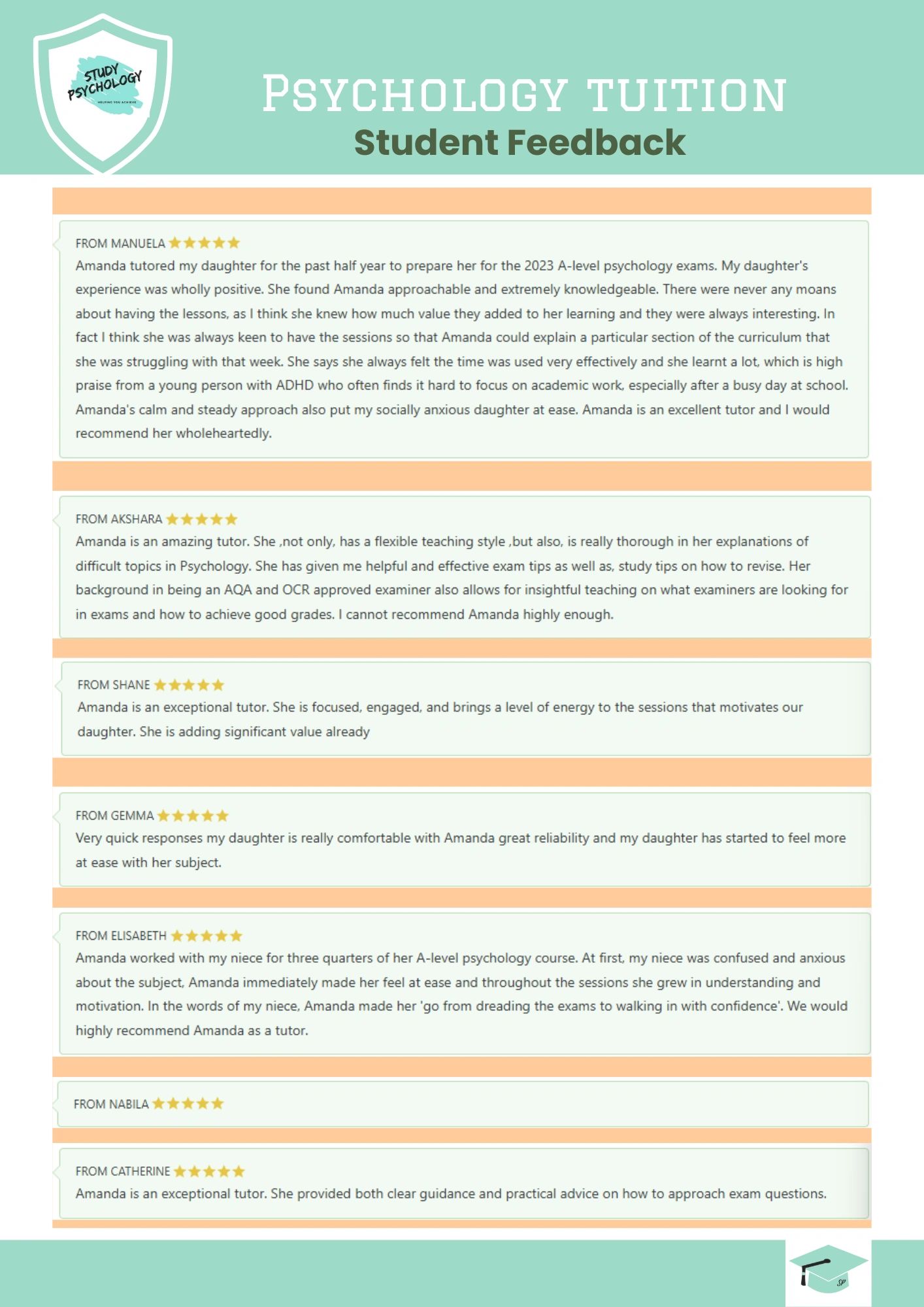 Psychology tuition student feedback with multiple positive reviews praising tutor Amanda.