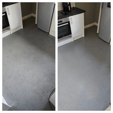 Before and after cleaning a kitchen floor carpet.
