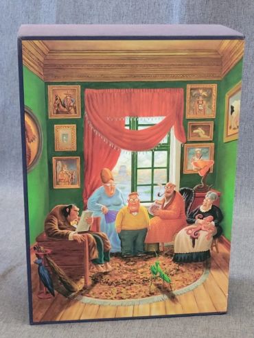 Cartoon family scene in a green-walled room with paintings.