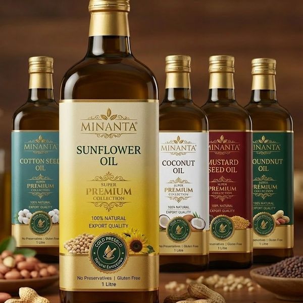 Variety of Minanta premium cooking oils including sunflower, cotton seed, coconut, mustard seed, and groundnut.