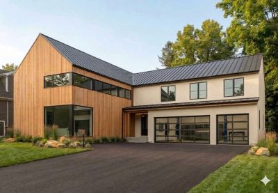 Modern two-story house with wood and white exterior.
