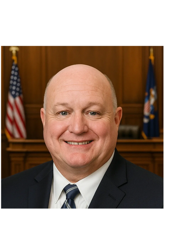 Smiling man in a suit with American and Utah flags in the background.
