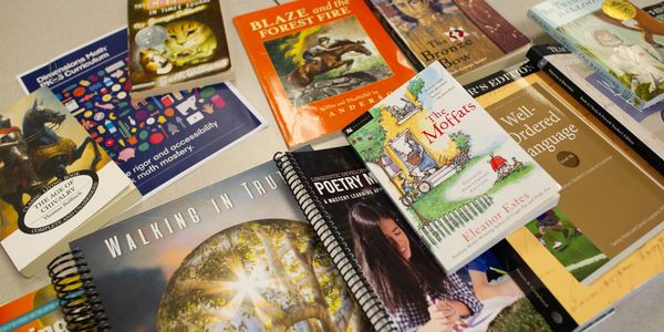 A variety of educational and literary books spread out on a table.