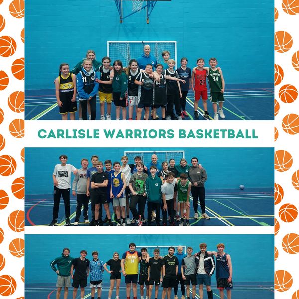Three groups of Carlisle Warriors basketball teams posing in a gym.