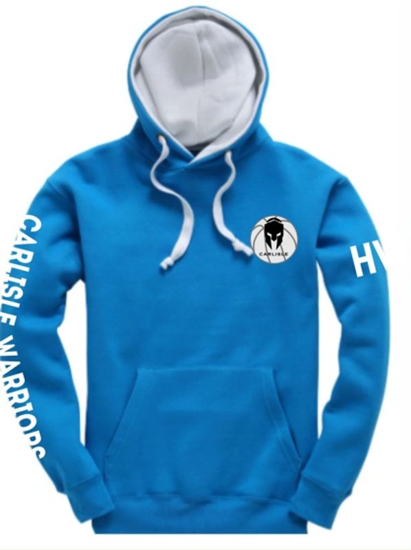 Blue hoodie with white drawstrings and Carlisle Warriors logo on chest and sleeve.