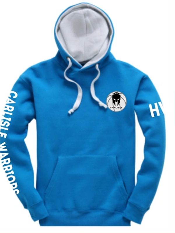 Blue hoodie with white interior, featuring 'Carlisle Warriors' text and logo.