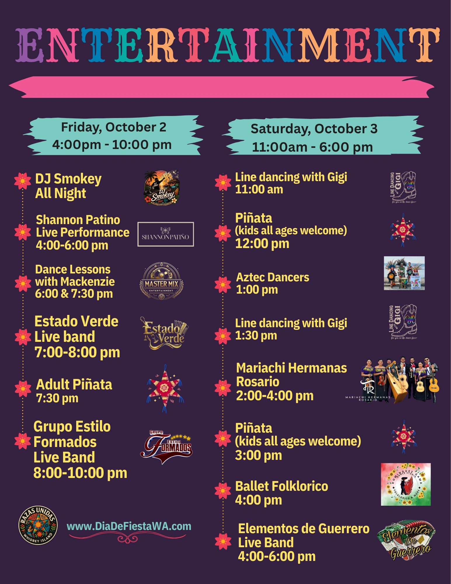 Entertainment schedule for October 2-3 with live music, dance, and family activities.