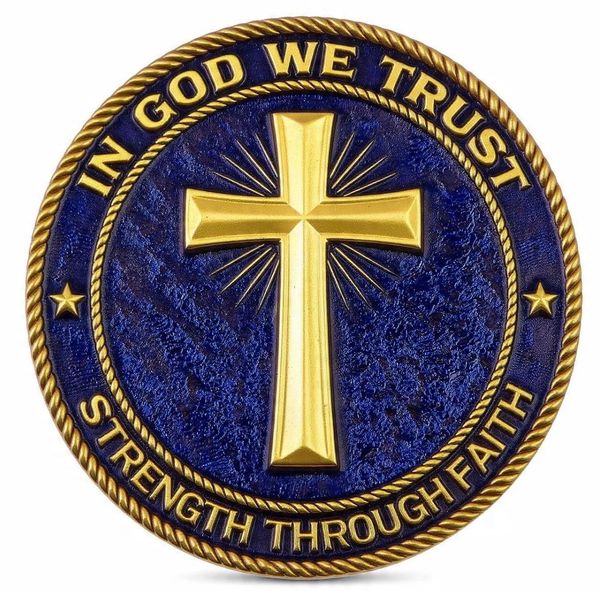 Gold cross with "In God We Trust" and "Strength Through Faith" on blue background.