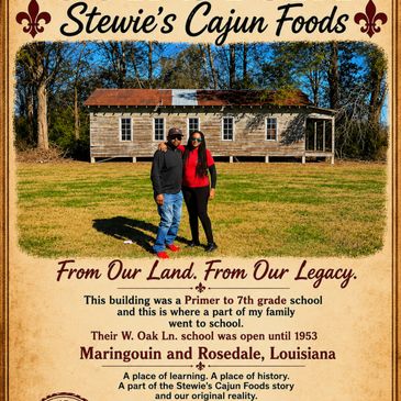 A couple stands in front of a historic Cajun school building in Louisiana.