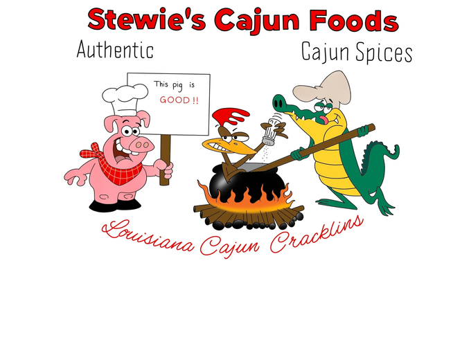 Cartoon pig, chicken, and alligator cooking Louisiana Cajun cracklins.