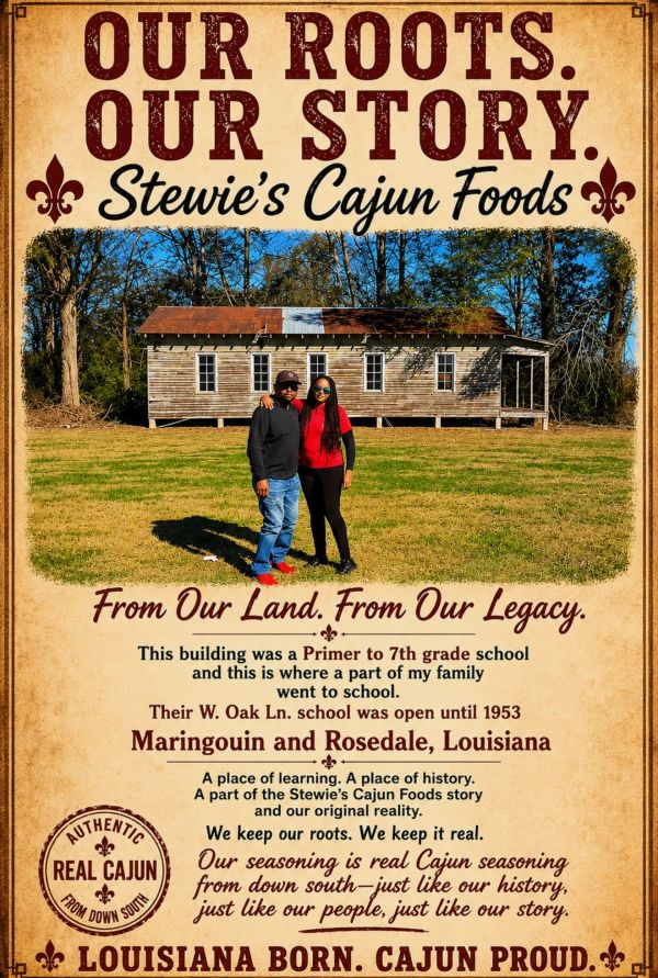 Couple stands in front of historic school building in Louisiana for Stewie's Cajun Foods.