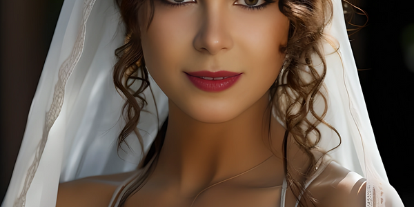 Close-up of a woman with curled hair and a white veil, smiling gently.