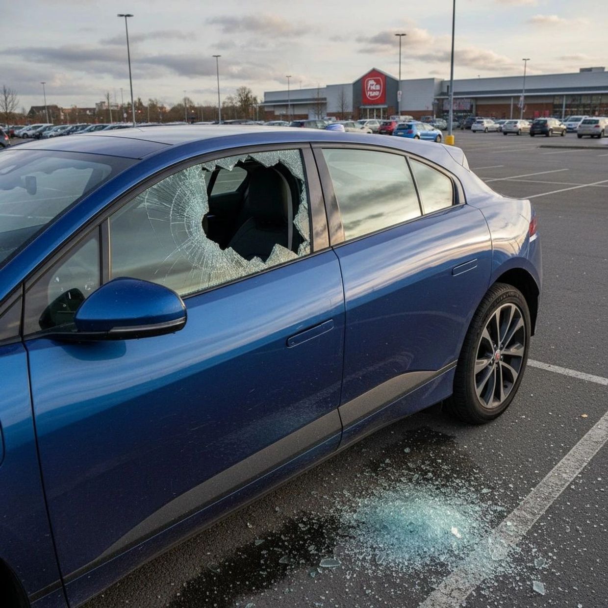 Blue car with shattered driver's side window in parking lot.
