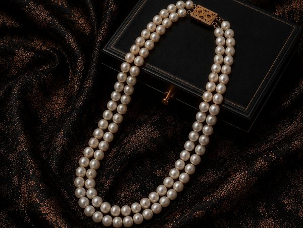 Double-strand pearl necklace on black fabric.