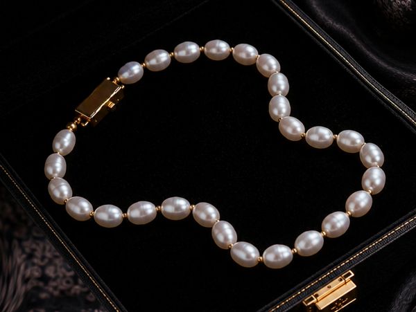 Elegant pearl necklace in a black velvet case.