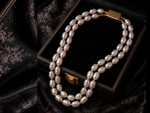 Elegant double-strand pearl necklace in a black jewelry box.