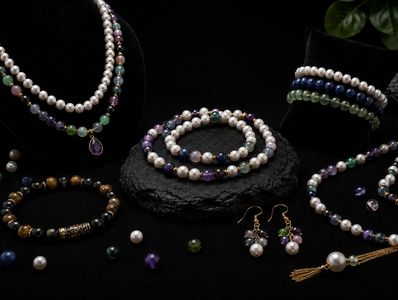 Elegant pearl and gemstone jewelry set on black background.