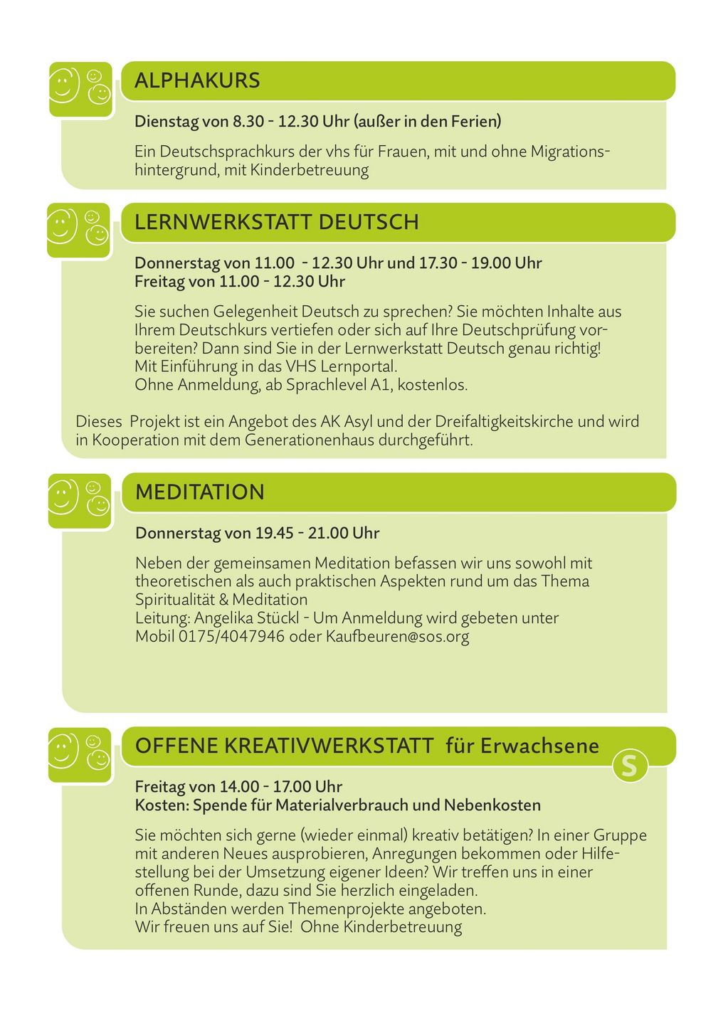 Übersicht von Kursen und Workshops wie Alphakurs, Deutsch, Meditation und Kreativwerkstatt.