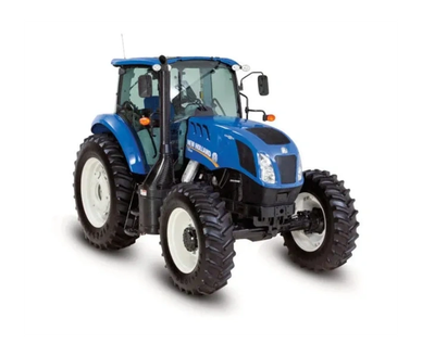 Tractor azul moderno con cabina cerrada.
