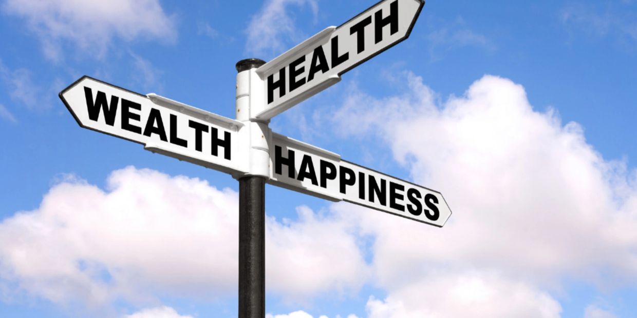 Signpost with directions to Wealth, Health, and Happiness against a blue sky.