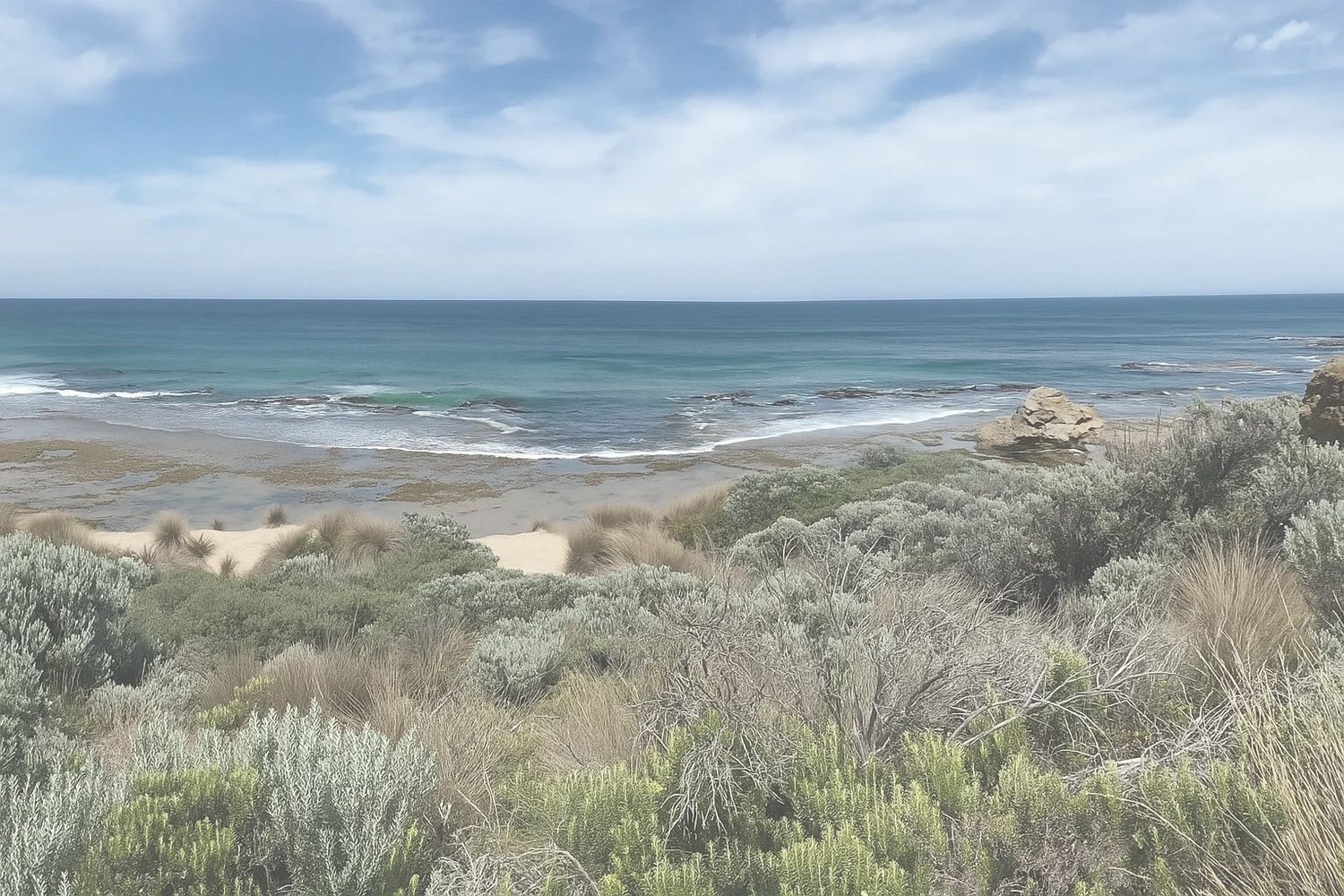 Coastal view with ocean, sandy beach, and shrubs under a partly cloudy sky.
