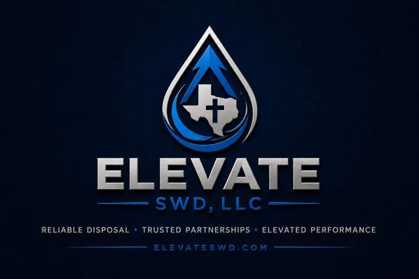 Logo of Elevate SWD, LLC with a Texas map and cross inside a water droplet.
