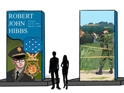 Bubba's MoH panel front/back sketch honoring Robert John Hibbs, a Vietnam War hero, with visitors paying respects.