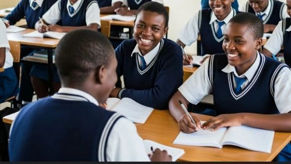 Students in uniform smiling and engaging in classroom activities.
