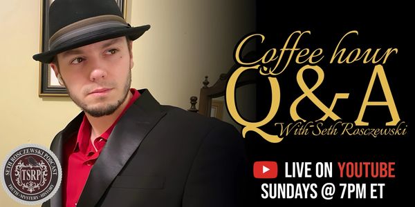 Man in hat and suit promoting a YouTube coffee hour Q&amp;A session.