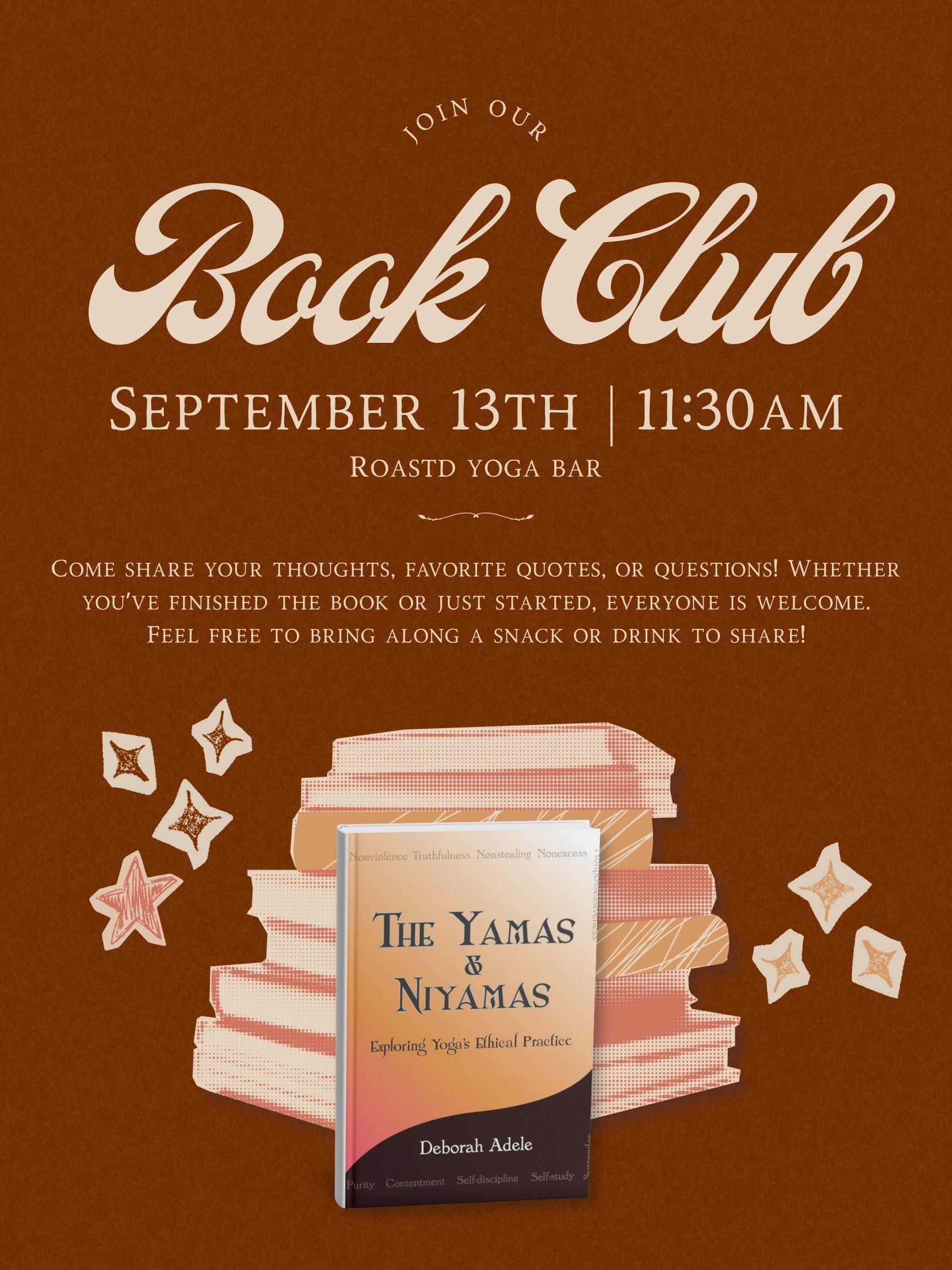 Book club invitation for September 13th at Roastd Yoga Bar.