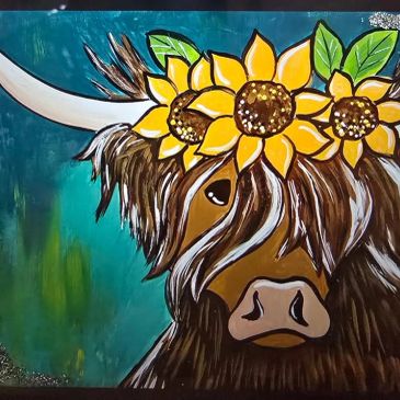 Painting of a bull with a sunflower crown.