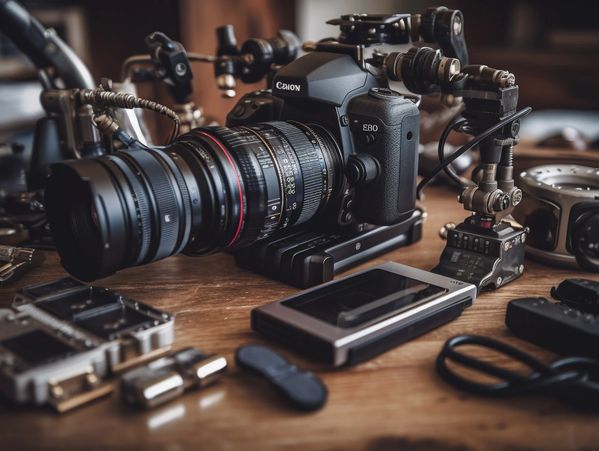 Various photographic and video production tools we use including DSLR camera with zoom lens