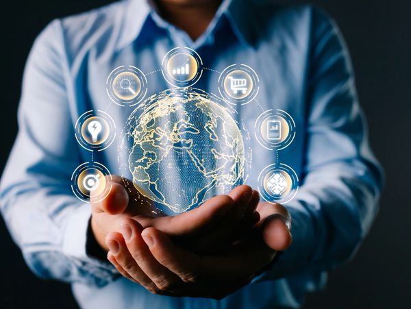 Business online digital market. Use technology to plan strategy to success goals and growth stock.