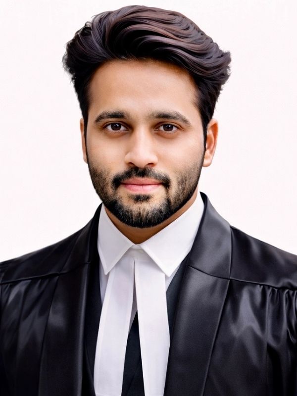 Confident young lawyer in traditional black robe and white neckband.