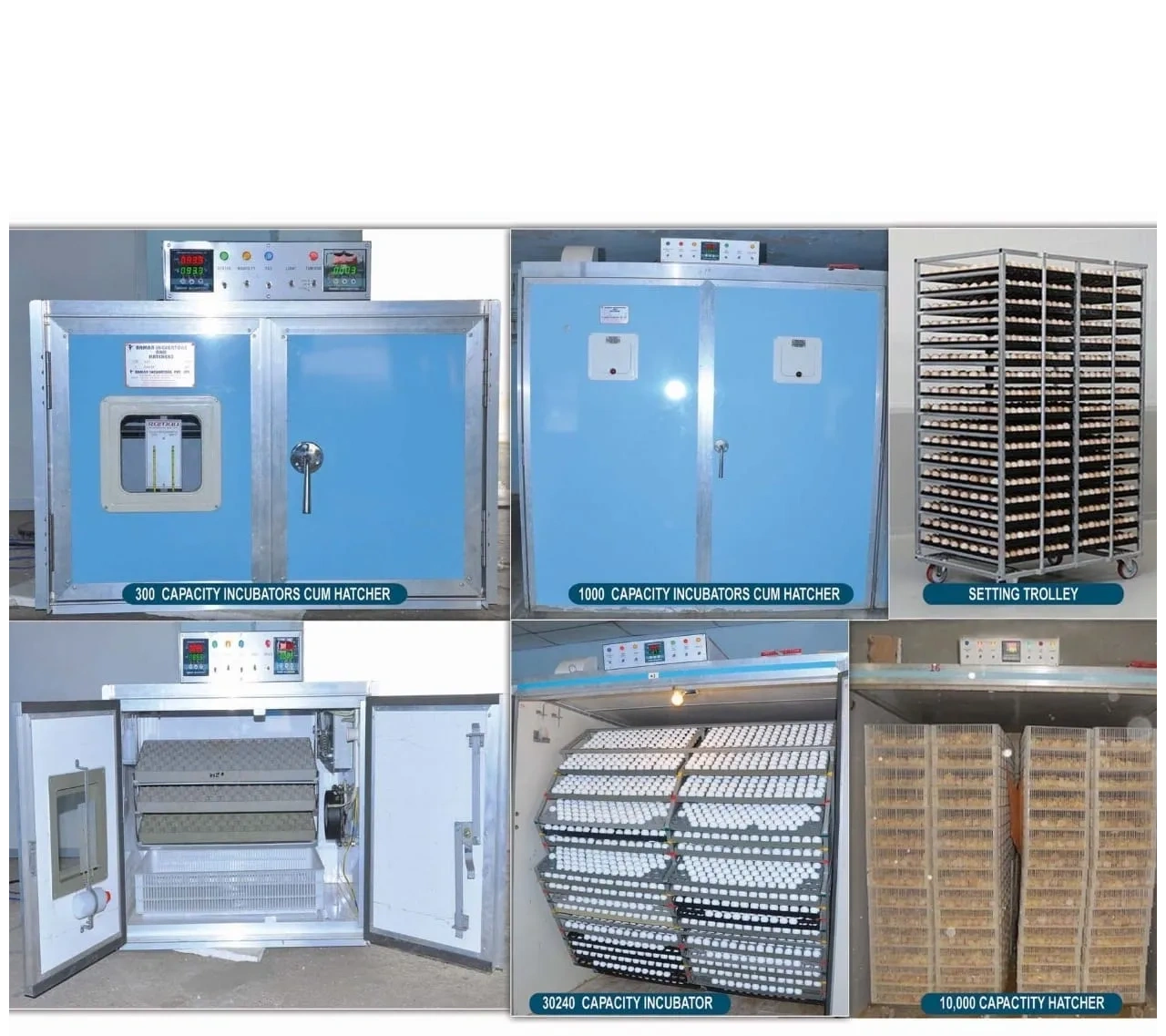 Various large-capacity egg incubators and hatchers with setting trolley for poultry farming.