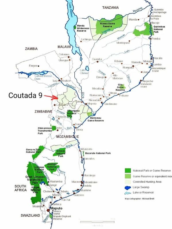Map of Mozambique highlighting national parks, game reserves, and Coutada 9 hunting area.