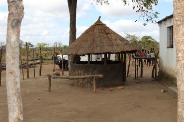 Traditional thatched-roof hut in a rural setting with a dirt yard.