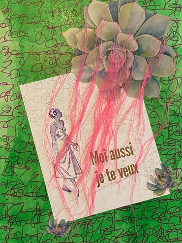 Fancy Lady with French text and succulent plants on a green patterned background.