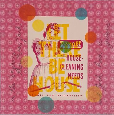 Vintage-style house cleaning advertisement with a retro woman and colorful polka dots.
