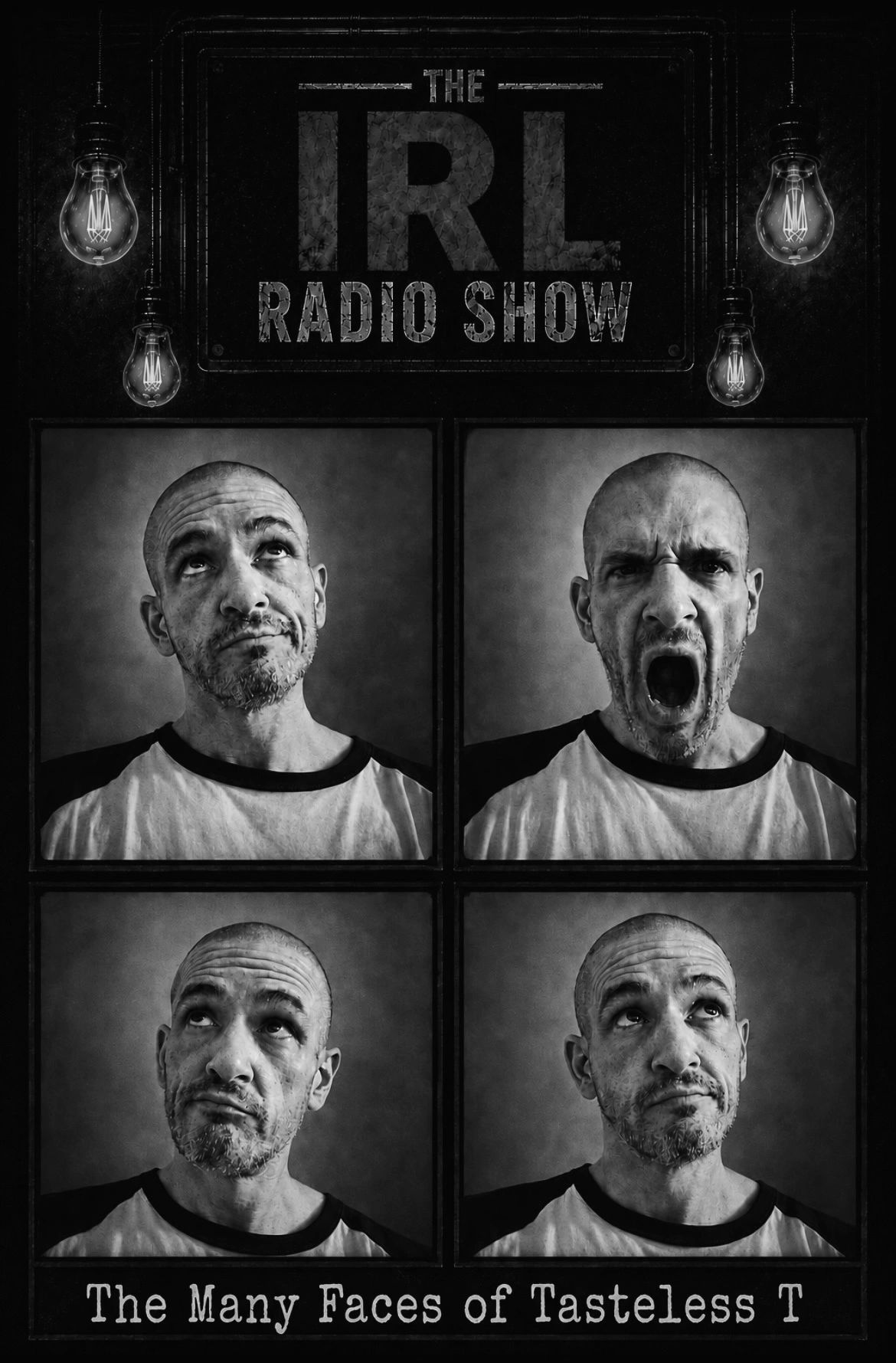 Black and white collage showing a man with four different expressions for a radio show.
