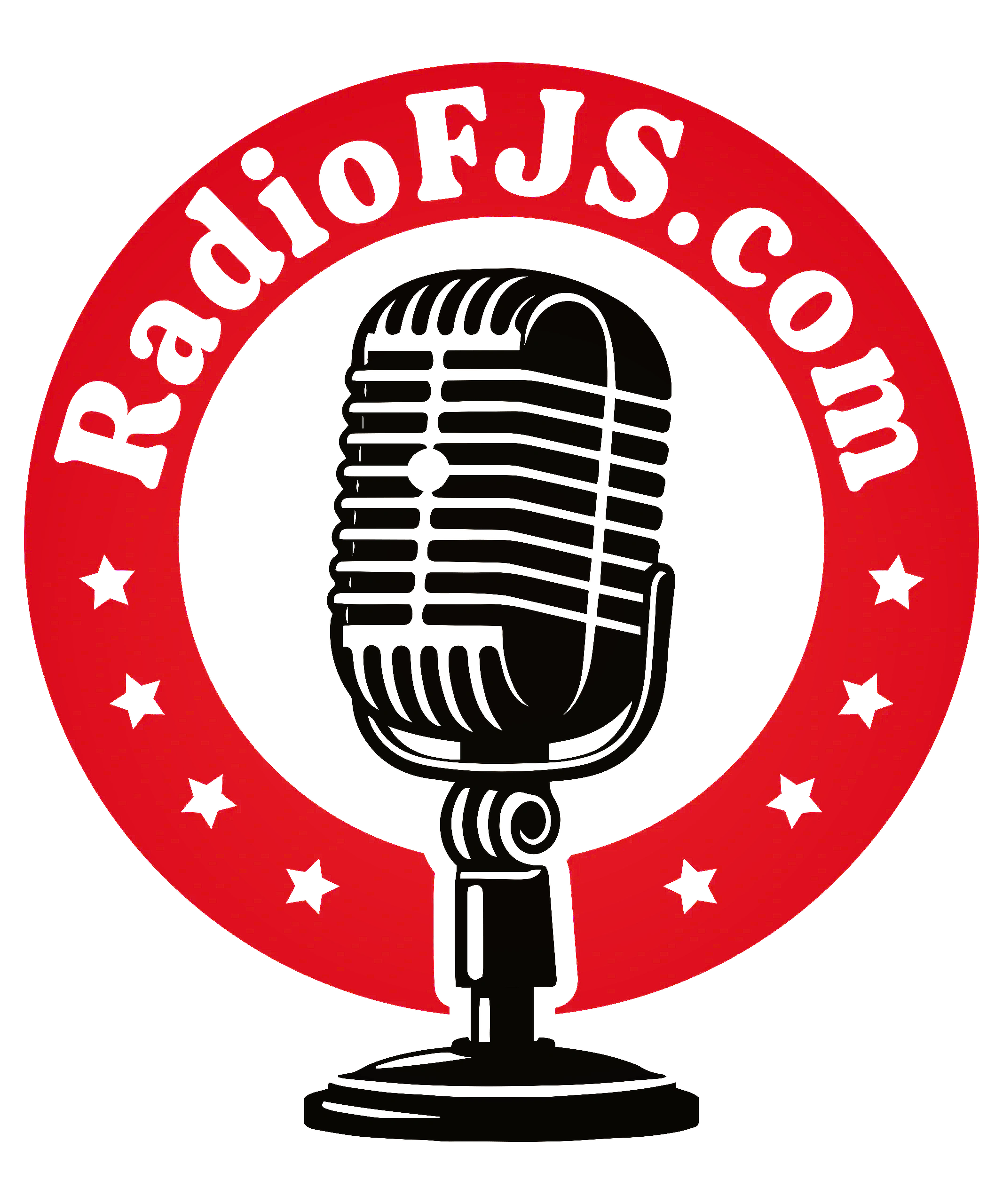 MICROPHONE IN RED CIRCLE WITH WHITE STARS AND LETTERS RADIO FJS