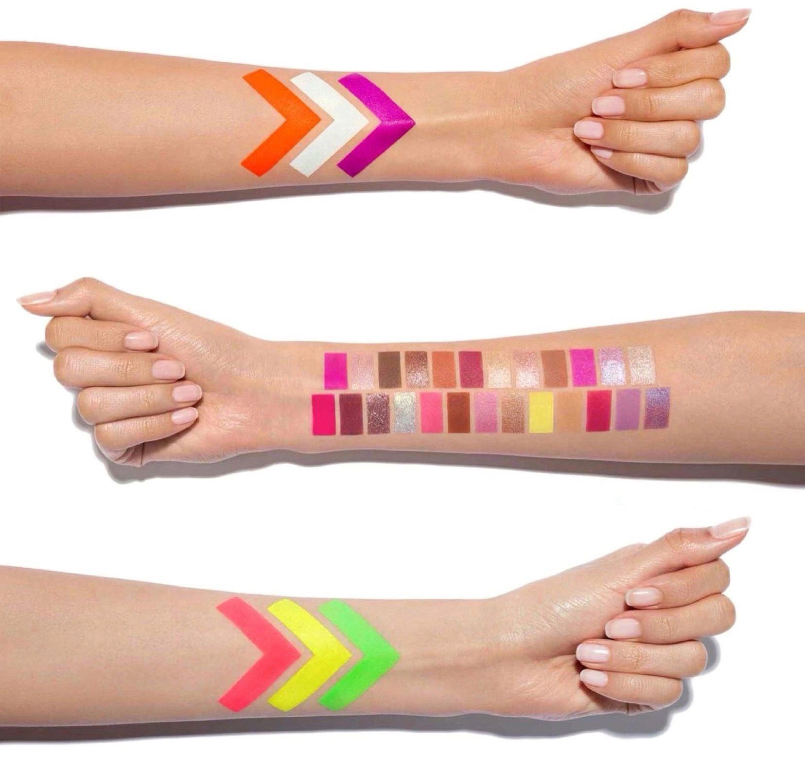 perfect medium beige skin tone hand model with colorful vibrant swatches on forearms