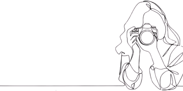 Line art of a woman taking a photo with a camera.