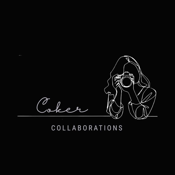 Minimalist logo with a woman holding a camera and the text 'Coker Collaborations'.