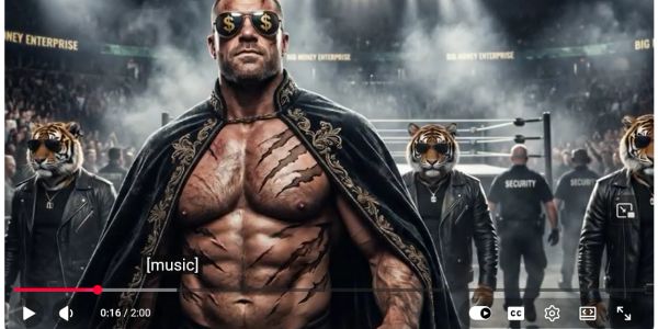 Muscular man with dollar sign glasses and tiger-headed figures behind him.